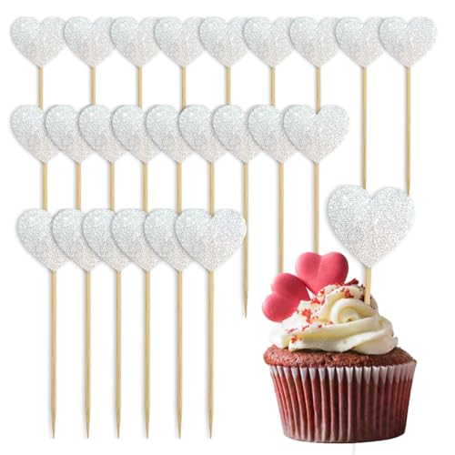Decorazioni per Cupcake a Forma di Cuore 24 PcsToppers Cupcake cuore Glitter,Torte Toppers Cupcake Toppers glitter Cuore d'amore,Toppers Decorati Con Torta per San Valentino,Matrimoni (Argento)