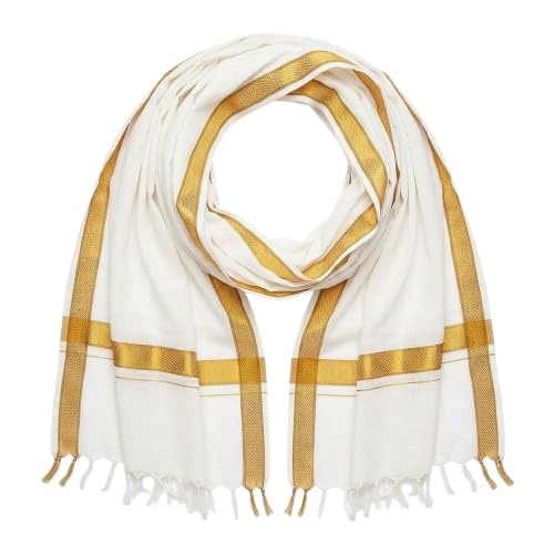 Traditional White Cotton Scarf with Golden Border | Angavastram for Men | Pooja Shawl for Religious Ceremonies, Festivals & Daily Worship | Soft Lightweight Dupatta Stole (White & Gold) Pack of 1-picture-11