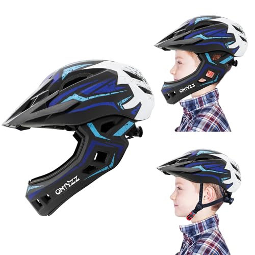 Kinder Fahrradhelm Leicht Integralhelm Mit Abnehmbarem Kinnschutz und Visier - Downhill Helm für Balance Bike, Scooter, Roller Skates - Blau-Weiß/M