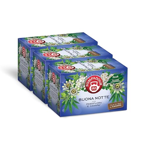 Pompadour, Tisana Buona Notte Plus, 54 Filtri (3 Confezioni da 18 Filtri), con Passiflora e Canapa, Ideale alla Sera per Favorire il Sonno, Senza Lattosio, Glutine e Allergeni