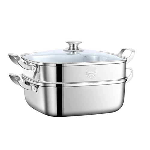 蒸し鍋 ステンレス蒸し器 鍋 単層 二段 三段 せいろ ステンレス 焦げ付き防止 蒸? ガラス蓋付き 四角い 蒸し器 せいろ 調理鍋 多層食品ストック鍋 ?蒸? 蒸し料理 器具 お手入れが簡単 (二層)