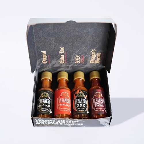Tabañero Challenge Box, Hot Sauce Gift Set, 4 Pack, Original, Extra, XXX Hot and Dragon's Breath, 1.7 oz Mini Glass Bottles, Gluten Free, All Natural, Low Sodium, Vegan, Kosher, Made in the USA