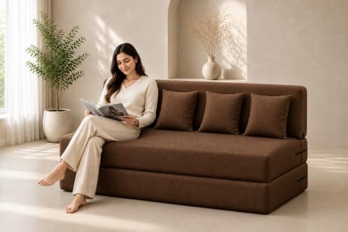 Image of Four Seater Sofa Cum Bed 6x6 Ft with Soft Foam Cushioning, Comfortable Foldable Sofa Bed for Living Room, Bedroom, Guest Room & Office(Brown)