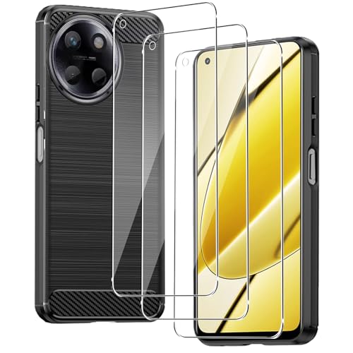 CONAPIKA Funda para Realme 11 4G con 3 Piezas Cristal Templado, TPU Suave Silicona Anti Drop, Anti Scratch, Anti-Choque Mate Carbono Ligera Anti Fingerprint Case para Realme 11 4G, Negro