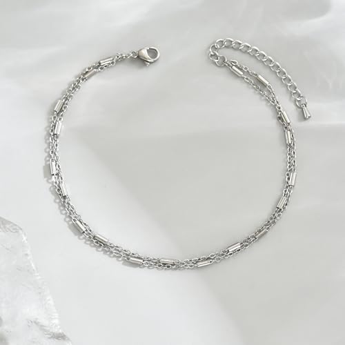Image of 18K Gold Plated Anklets for Women Dainty Non Tarnish Ankle Bracelets Cuban Link Chain Anklets Layered Heart Beads Rhinestone Anklet Trendy Foot Jewelry