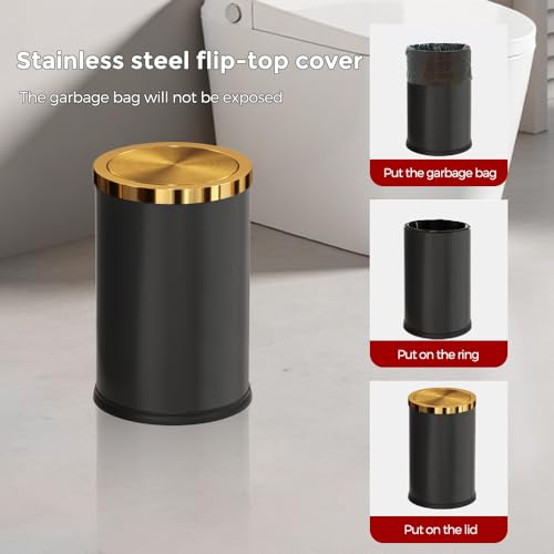 Image of 9L /2.4GAL Black and Gold Bathroom Trash Can, Small Trash Can with FILP Lid for Bathroom,Hotel,Office,Lundry,Powder Room (BLACK)