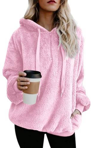 Yanekop Womens Fuzzy Fleece Pullover Oversized Sherpa Jacket Half Zip Pullover Sweaters Winter Faux Fur Jacket Coat(B Pink,XL)
