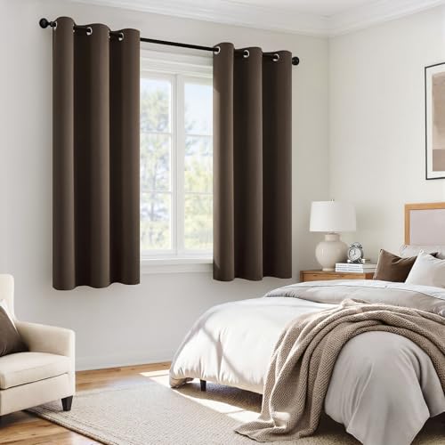 Image of MIULEE Chocolate Brown 100% Blackout Curtains for Bedroom 40x54 Inch Length | 2 Thick Layers Thermal Insulated Short Curtains with Black Liner, Noise Reducing Grommet, Drapes for Living Room, 2 Panels