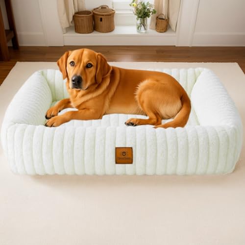 CareCooo Flauschiges Hundebett Große Hunde, Waschbar Abnehmbar, Rechteckig, rutschfest & Komfortabel, Hundekörbchen, Hundekissen, Hundesofa für Große Rassen, weiß, L(92x69x20cm)