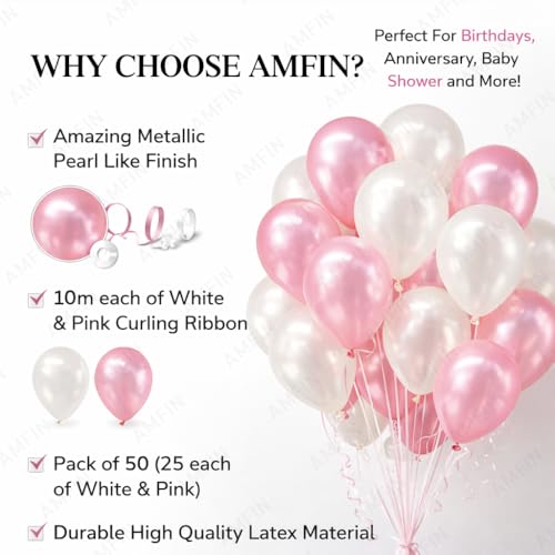 Image of AMFIN Metallic Balloons white & Pink for Birthday Decoration (Pack of 50)