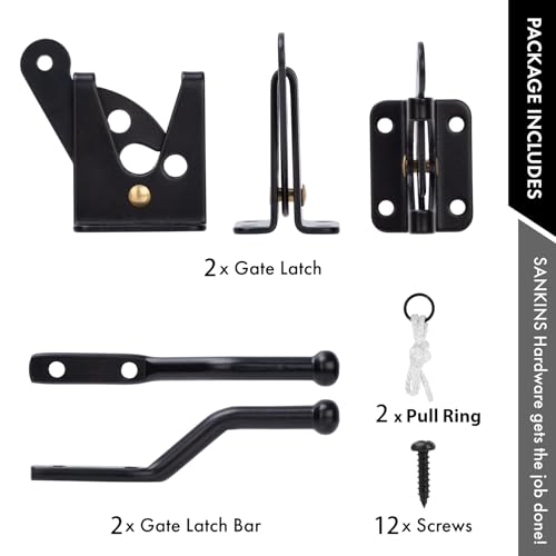 Image of 2 Pcs Self Locking Heavy Duty Gate Latch Automatic Gravity Lever for Wooden Fence with Longer Fasteners, Door Latches with Pull String, Steel, Black