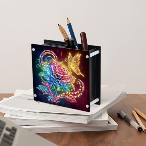 Image of DIY 5D Diamond Painting Pen Holder, Romantic Rose & Butterfly Crystal Rhinestones Pencil Organizer for Women & Gifts, Perfect for Storing Pens, Pencils, and Rulers