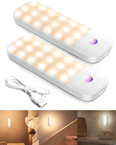 FLOWood Nachtlicht mit Bewegungsmelder, 2 Stück 36 Led lampe , Aufladbar Typ-C-Ladeanschluss mit 3 Modi, innen für Kinderzimmer Treppe Flur Küche Nachttisch Schrank