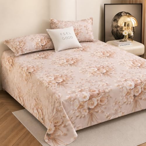 Image of Cotton Feel King Size Flat Bedsheet for Double Bed (90 x 100 Inches | 230 x 250 cm) with 2 Pillow Covers | Soft & Smooth Printed Bedsheet for Daily Use (Pinkflw 7D, King Bed-90x100)