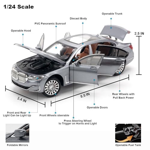 Image of PLUSPOINT Diecast 7Series 760 THE7 Toy Car 1:24 Scale Model,Pull Back Vehicles Alloy Simulation Supercar with Lights and Sound Also for Car Dashboard,Kids,Adult