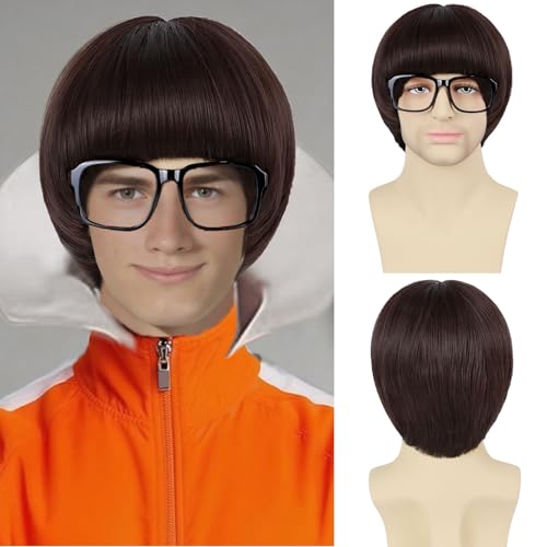 Guree Hair Mushroom Wig+Glasses for Men Women Unisex Synthetic 60s Bowl Cut Wig with Bangs for Daily Anime Movie Characters Costume Halloween Cosplay Party (Dark Brown)