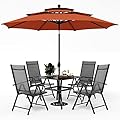 PHI VILLA Outdoor Dining Set with Umbrella for 4, Patio Dining Funiture Set with Metal Outdoor Table and Chairs Foldable with Adjustable Backrest