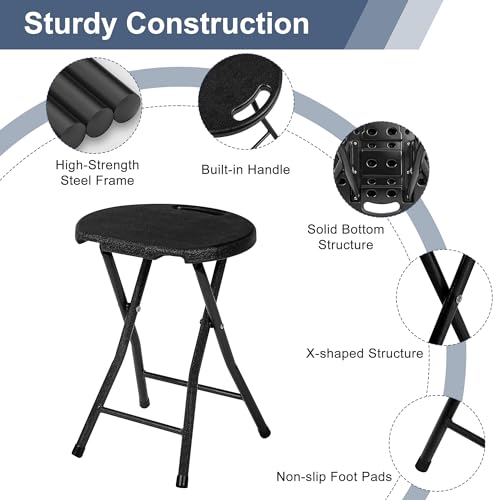 VECELO Folding Stool 18" with Handle, Solid Bottom Support, Iron X-Frame, 500 lbs Capacity, Anti-Slip Feet, Easy Clean, Lightweight Foldable Stool for Camping, Kitchen, Vanity and Outdoor, Black - Image 4
