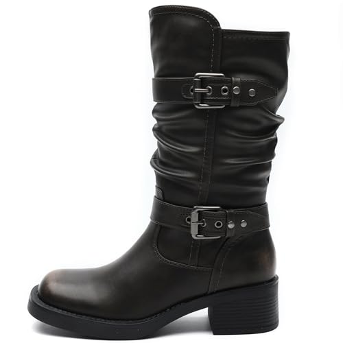 Image of GLOBALWIN Chunky Mid Calf Fashion Dressy Motocycle Biker Military Style Combat Boots for Women Low Heel