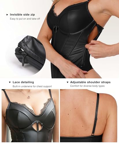 Popilush Body Suits for Womens Leather Lace V Neck Shapewear Tummy Control Sleeveless Thong Corset Bodysuits3