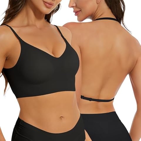 Penioca Women's Low Back Bra, Backless Bra, Seamless Halter Push Up Padded Bralette Multiway Convertible Bras Black, Medium Cover