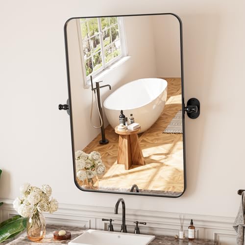 Dimelax Pivot Mirror 20x30 Adjustable Tilting Rectangle, Matte Black Metal Frame Bathroom Vanity...