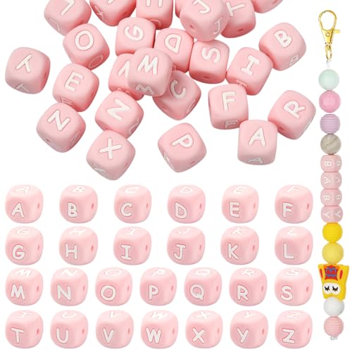 Ornaland 26 Pcs 12mm Silicone Letter Beads A-Z Square Letter Beads for Bracelets Keychains Necklaces and Lanyards Making(Pink)