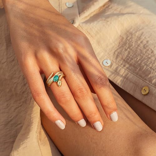 Valloey Rover Emerald Ring-Chunky Gold Rings for Women Non Tarnish 14K Gold Plated Stackable Vintage Snake Green Gemstone Solitaire Rings Statement Wedding Engagement Promise Ring Jewelry Gifts for Women Mom4