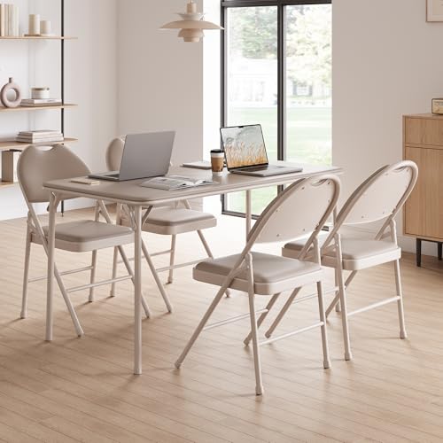 GAOMON Folding Chair 4 Pack with Thickened Padded PU Cushion, Metal Legs and Non-Slip Feet Pads, Portable Stackable Commercial Seat for Events, Office, Wedding, Party,Beige
