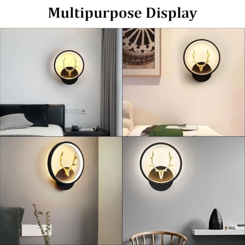 Image of fizzytech LED Deer Design Wall Light, 20 cm Round Decorative Wall Lamp, Black & Gold Finish with 3 Colour Changing Modes for Bedroom, Living Room & Hall