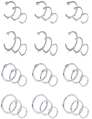Scerring 20 Gauge Nose Rings Hoop Stainless Steel Nose Studs Cartilage Daith Tragus Ear Piercing Ring Hoop Body Jewelry Set 36Pcs #TOP20