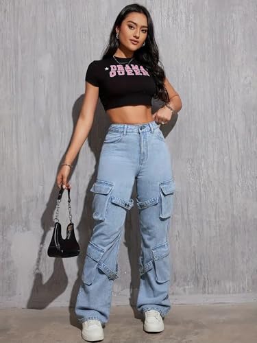 Image of Glossia Fashion Blue Women Cargo Jeans | High Waist Stretchable Wide Leg Loose Fit Denim| Boyfriend Cargo Jeans for Women(WJ-1225)