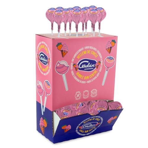Caramelos Cerdán - Chupa Gigante Relleno de Chicle | Sabor Fresa-Nata Rosa | 100 Unidades | Caramelo Duro con Palo sin Gluten ni Alérgenos | Ideal para Fiestas, San Valentín y Cumpleaños