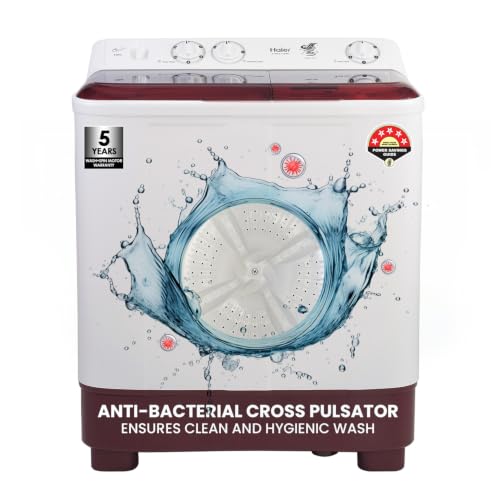 Image of Haier 7 Kg 5 Star Semi Automatic Top Load Washing Machine with Anti Bacterial Cross Pulsator and Spray Function (HTW70-1187BTN, Anti Rat Mesh, Magic Filter, Castors, Burgundy)