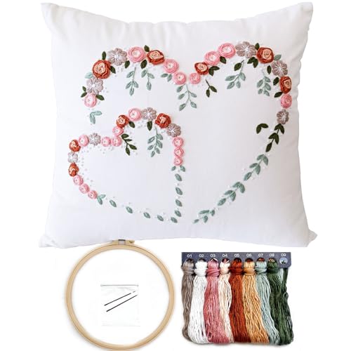 FONNUY Crewel Pillow Case Embroidery Kit, Heart Shaped Loving You Floral Stamped Pattern Kits for Audlt Beginners, Works Crafts Throw Pillow Cover Great Gift for Loved Ones, 18 x 18'' (Beige)