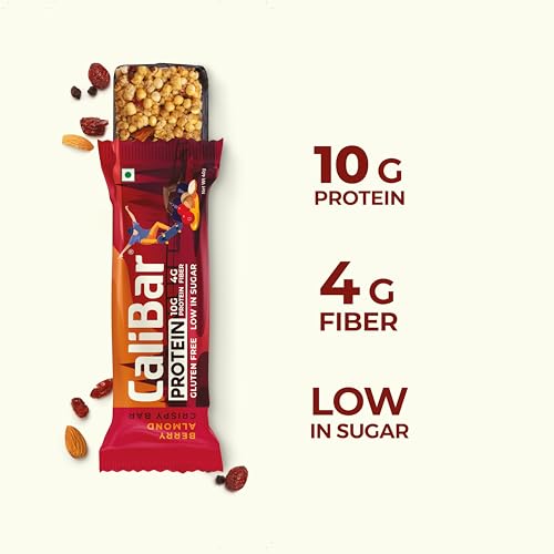 Image of CaliBar 10g Protein Bar - Berry Almond Crispy Bar (Pack of 6) Real Bits of Cranberry & Blackcurrant, Low In Sugar, Sweetened With Honey, Gluten-Free, 4g Fiber, No Preservatives , No Palm oil (40g x 6 Bars)