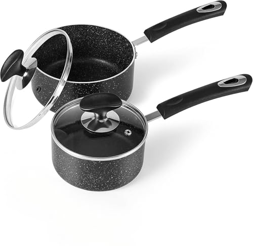 HooJay Nonstick Saucepan Set with Lid, Non Stick 1Qt & 2Qt Sauce Pan Set with Glass Lid Small Pot for Home Kitchen