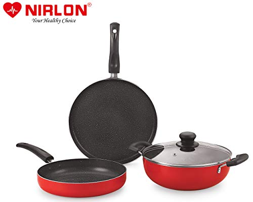 Image of Nirlon Ruby Granite 7-Piece Aluminium Non Stick Cookware Gift Set with Glass Lid & 3 Spoon (Color-Red) (Compatible with All Gas & stovetops Only)