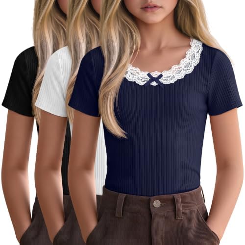 JoyMotion Girls Lace Trim Short Sleeve Shirts, 3-Color, 5-6 Years