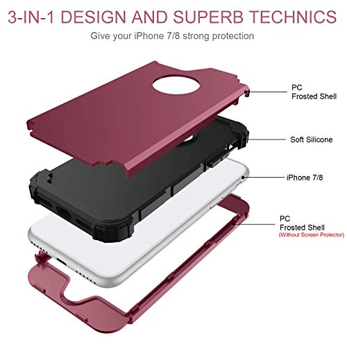 Bentoben Iphone 8 Case, Iphone 7 Case, 3 In 1 Hybrid Hard Pc Soft Silicone Rubber Bumper Heavy Duty Shockproof Slim Full Body Protective Phone Cases Cover For Iphone 8 & Iphone 7 (4.7 Inch) Wine Red #TOP3