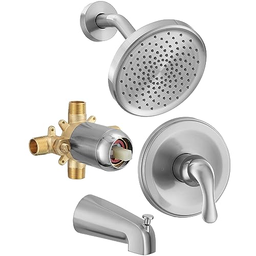 FROPO Tub Shower Faucet Set with Valve, Tub and Shower Faucet Set Complete Brushed Nickel, Single-Handle Tub and Shower Trim Kit with High-Pressure 6 Inch Rain Shower Head and Tub Spout