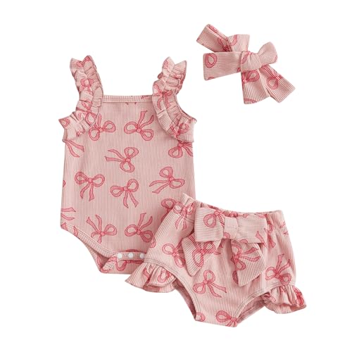Youweixiong Newborn Infant Baby Girl Bow Outfit Waffle Knit Ruffle Sleeveless Romper Top Bloomer Shorts Headband Cute Summer Clothes 3Pcs (Pink, 12-18 Months)