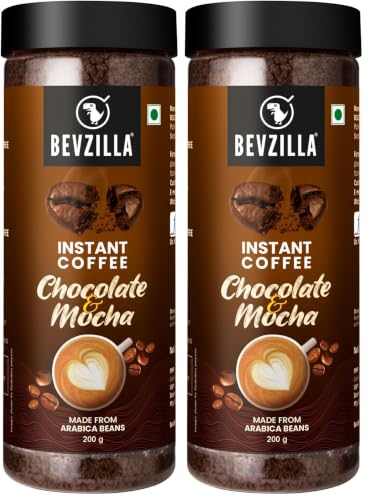 Image of Bevzilla Chocolate & Mocha (Choco-Mocha) Instant Coffee Powder Jar - 200g | Arabica Beans with Chocolaty Twist | Perfect for Espresso, Latte & Cappuccino | Enjoy Hot & Cold Brews (Pack of 2)