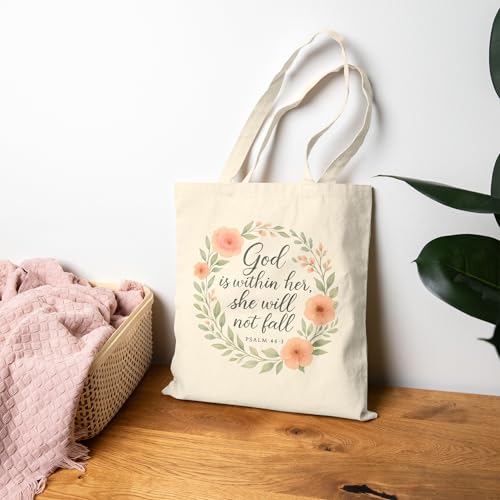 Christian Tote Bag – God Is Within Her Psalm 46:5 – Floral Bible Verse Canvas Bag for Women – Inspirational Faith Gift2