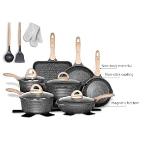 Jeetee pots and pans set nonstick 20pcs granite coating induction compatible with frying saucepan saute pan grill cooking pots pfoa free grey cookware set  urban country home decor