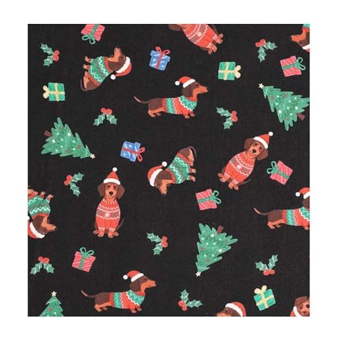 1unid Tela Estampado Perro Cartoon de Navidad - Tela Poliéster Tejida (50/100/200x150cm) - Rosa/Rojo/Albaricoque/Negro para DIY Decoración Festiva/Falda de Árbol/Sacos de Regalo(Black,200X150cm)