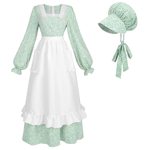 NSPSTT Prärie-Kleid für Damen, Pionier-Kostüm, Kolonial-Kostüm, Blumenmuster, 3-teiliges Set, Green-b, S