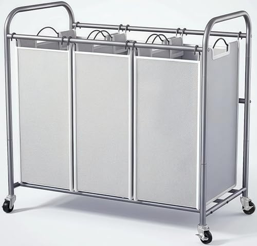 ROMOON Laundry Sorter Hamper 3 Section, Divided Laundry Basket Organizer with Heavy Duty Lockable Wheels and Removable Bags, Rolling Clothes Hamper for Apartment, Dorm & Family (135L Neutral Gray)