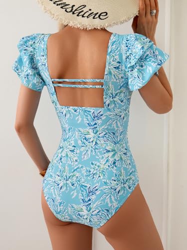 Image of Eomenie Women's Tummy Control One Piece Swimsuit Ruffle Square Neck Bathing Suit Ruched Cutout Back Slimming Swimwear