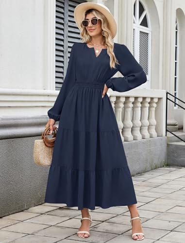 ZAFUL Womens Fall Maxi Dresses 2025 Puff Long Sleeve V Neck High Waist A Line Long Flowy Tiered Wedding Guest Dress Pockets2